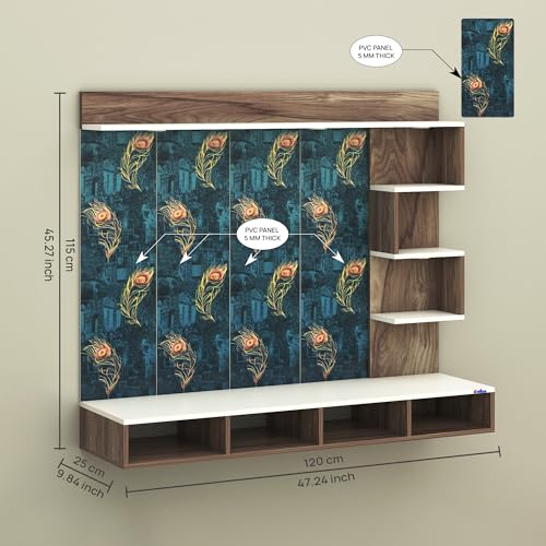 Image of Anikaa Laura Engineered Wood Wall-Mount TV Unit with Printed PVC Back Panel & LED Lights | TV Cabinet with Storage Box & Decorative Shelves (Coachwood /White) for TVs up to 43 Inch | DIY Installation