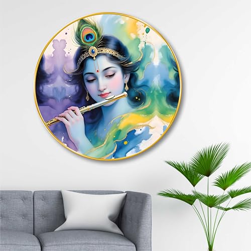 Image of SAF Lord Krishna Flute Wall Painting - Round Golden Frame Radha Krishna Art | Spiritual Wall Decor for Living Room, Bedroom, Pooja Room & Office | Divine Home Decoration (20 X 20 Inch) GRL-287