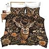 Forest Deer Comforter Set Vintage Animal Floral Print Duvet Cover Sika Deer Bedding Set Twin Full Queen King Size Elk Quilt Set for Girls Kids Teenagers Adults Men Women with 2 Pillowcases 104×90