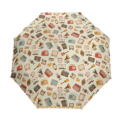 SUHETI Paraguas automático de Apertura/Cierre,Patrón Retro Iconos Antiguos Reloj Despertador Máquina Escribir Gramófono Radio Cassette,Paraguas pequeño Plegable a Prueba de Viento