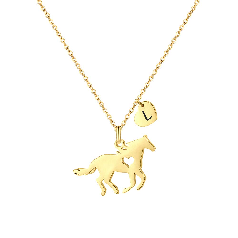 MONOOC Horse Gifts for Girls Necklace - Stainless Steel Dainty Horse Pendant Heart 26 Initial A-Z Necklaces for Women Girl