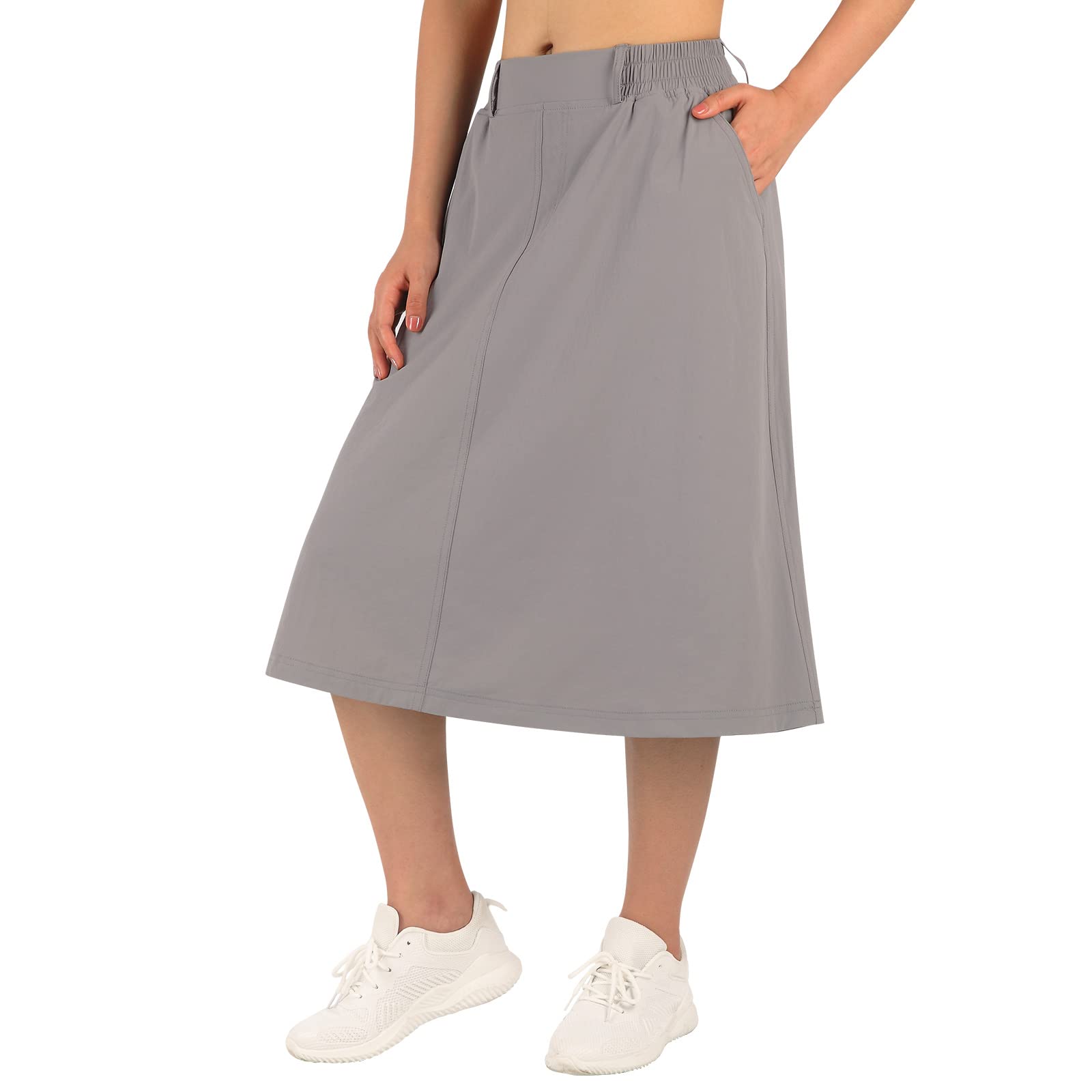 BELE ROY Women's Midi Skirts with Pockets - Elastic High Waisted A Line Casual
