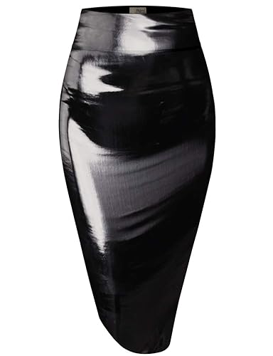 Hybrid & Company Women's Premium Nylon Ponte Stretch High Waist Pencil Suit Skirt Below Knee - 2X - Shiny Black
