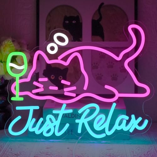 UExnkj-Y Letrero de Neón de Gato Luz de Neón para Cerveza Señales de Neón Just Relax Gato Neón Signo USB Regulables para Bar en Casa, Cocina, Sala de Estar, Dormitorio, Club