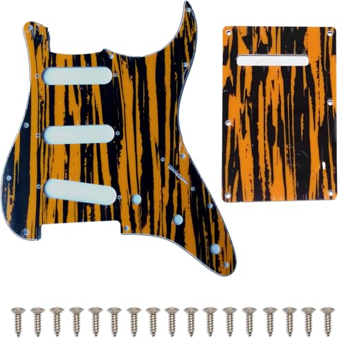 SSS 11-Hole Electric Guitar Pickguard & Backplate Set for Strat Style Guitars - 3-Ply PVC Scratch Resistant, Pre-Drilled Modern Style (Includes Screws) s (Wicker yellow brown)