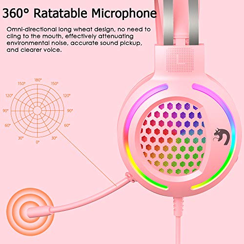 Gaming Headset, 3,5 mm bedrade over-head ruisonderdrukkende hoofdtelefoon met RGB Chroma Backlit, Stereo Surround Sound, 360 ° Rotatie microfoon met volumeregeling voor PS4/Xbox één/Mac/PC (roze) - Afbeelding 6