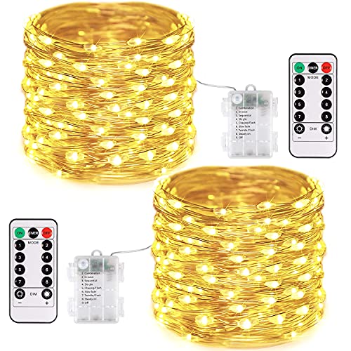JMEXSUSS 2 Pack 66ft 200 LED Christmas Fairy Lights Battery Operated, Warm White Fairy String Lights with Remote, 8 Modes Copper Wire Twinkle Light for Christmas Tree Bedroom Outdoor Xmas House Tent