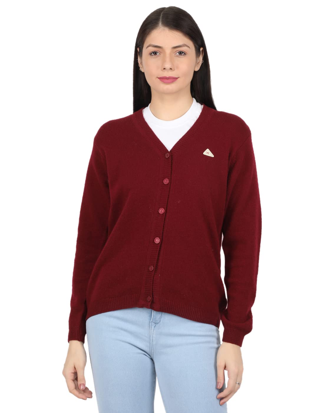 Monte CarloWomens Lambs Wool Maroon Solid V Neck Cardigan |1220728VN-1634