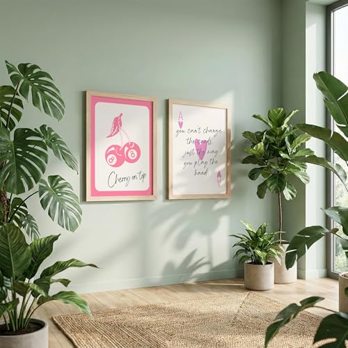 Image of NoWorries Pink Playing Cards Wall Painting Set | Cherry on Top and Ace Quote Art Prints | Aesthetic Card Theme Wall Decor | Premium 300 GSM Paper Print with Synthetic Wooden Frame | Modern Decor for Bedroom & Living Room (Set of 2) (NATURAL, ART-4, 13X19INCHES)