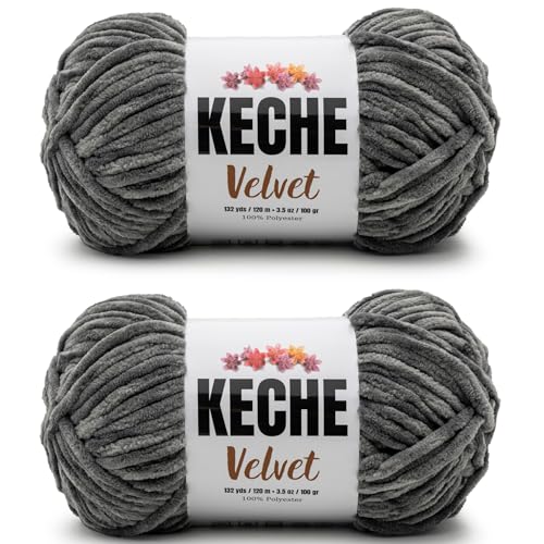 Image of Keche Velvet Yarn for Crocheting, Soft Chenille Bulky Baby Blanket Amigurumi Yarn 2x100 gr (2x132 yds) (2 Skeins) Dark Grey