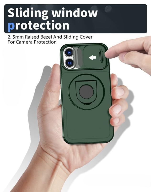 Image of LuxuryKase MagSafe Shockproof Rugged Back Case for iPhone 17 | Finger Ring Kickstand & Sliding Camera Cover | Military Drop Protection | Wireless Charging Support - Dark Green