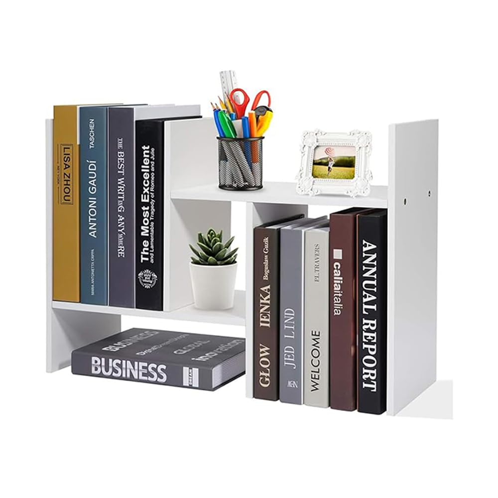 TOMVAES Office Desktop Bookshelf Adjustable Large Wood Display Shelf Desktop Organizer Office Storage Rack Countertop Bookcase Office Supplies Desk Organizer Accessories Black, White