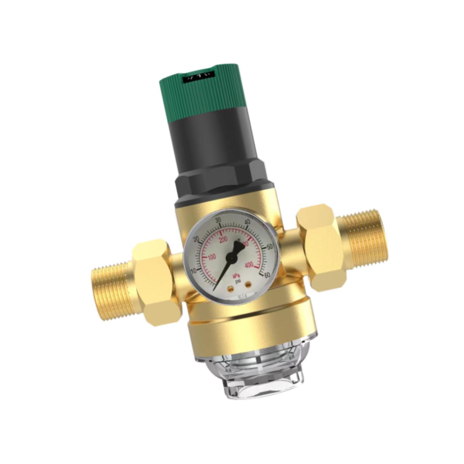 Regulador de Presión de Agua Válvula con Indicador Ajustable Latón Anticorrosión con Filtro Evita Ruidos Ahorra Factura Protege Electrodomésticos, DN20