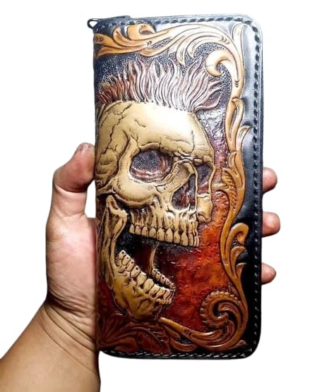 Punk Skull, Indian Skull, Men's 3D Genuine Leather Wallet, Long wallet, Biker Wallet, Handmade wallet, Carved wallet, Airbrush Art, Custom wallet, Personalized wallet