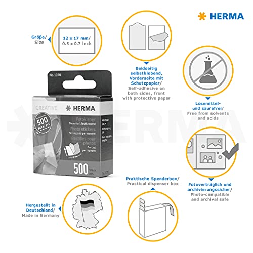 HERMA 1070 Fotokleber, 500 Stück, doppelseitig selbstklebende Fototapes für Fotoalbum, Scrapbook, Gästebuch, Fotobuch, Klebepads für Fotos in Spenderbox, weiß