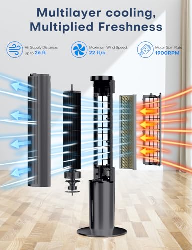 Image of hifresh Air Cooler for Home, 107CM Tower Cooler w /Remote & LED Touch Screen, 4 Mode & 3 Speed, 12H Timer, 26 Feet Air Delivery, 4L Water Tank, 4 Ice Packs, 70 Swing Control, 80W - Black