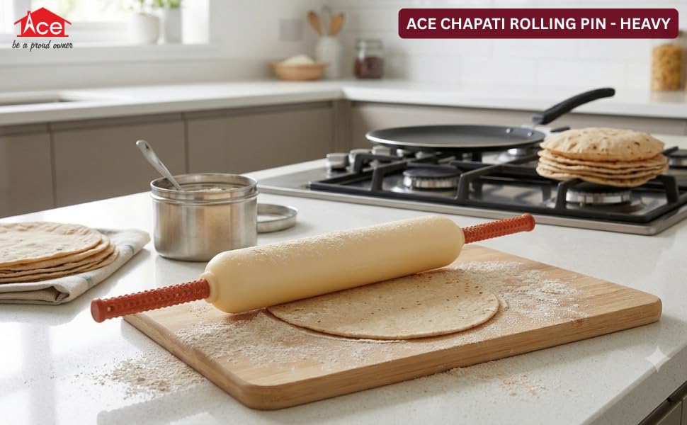 Image of Ace Heavy Chapati Rolling Pin - Food Grade Polypropylene Belan with Thermoplastic Elastomer Soft Grip Handle, Textured Non-Slip Pyramidal Grip for Roti & Flatbread Dough Rolling