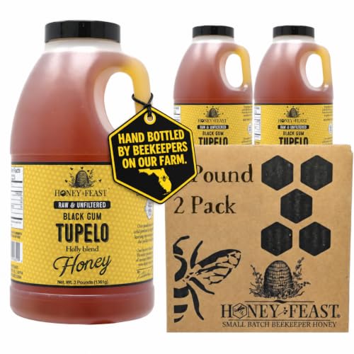 HONEY FEAST Raw Black Gum Tupelo Honey 3 Pounds (Pack of 2), Unfiltered &amp; Pure Superfood– From Organic American Floral Sources, Local to Gainesville, Jacksonville &amp; Tallahassee, Florida