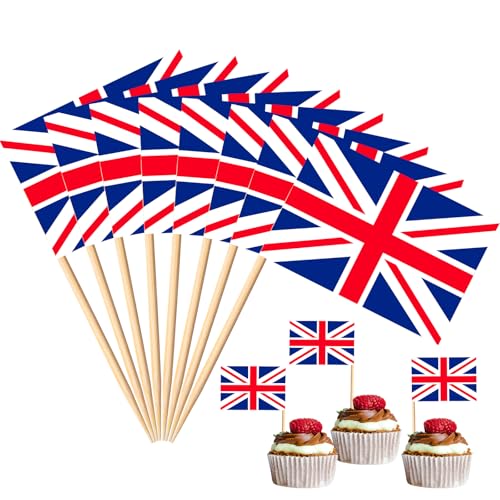 200 Pcs Small UK Flag Toothpick Toppers Picks Mini British Union Jack Cupcake Flags on Wooden Sticks Tooth Picks for British National Day Kings Coronation Drinks Cocktails Desserts Decorations