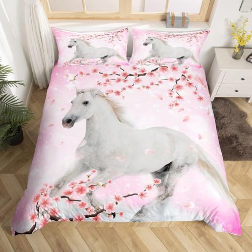 Housse de Couette 140x200 Cheval Pour Garçons Filles Femmes Housse Couette Fleur de Cerisier Rose,Ensemble de Literie Romantique Parure de Lit Cheval Animal Sauvage...
