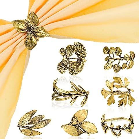 8 Pieces Herb Napkin Rings Set Vintage Leaf Napkin Holders Glossy Napkin Holder Adornment Metal Table Napkin Rings for Graduation Holidays Wedding Graduation Party Decor Everyday Use (Gold) Cover