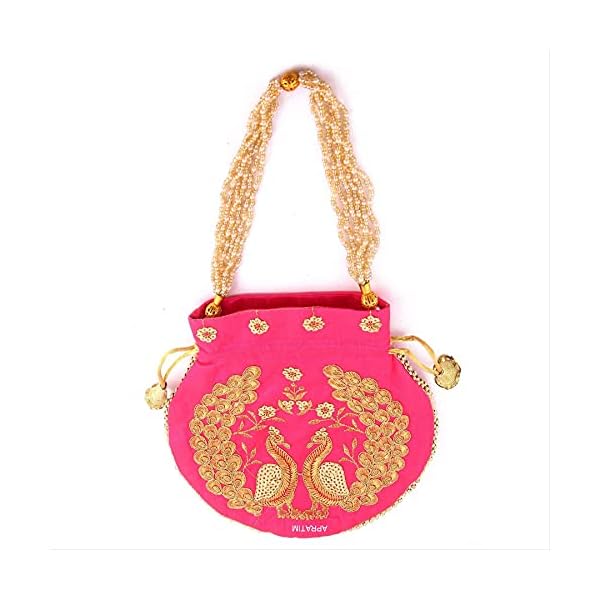 APRATIM Silk Women's/Girl's Dual Peacock Work Potli Hand Bag-8 - Image 4