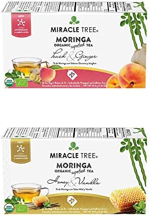 Miracle Tree - Organic Moringa Superfood Tea, 2 Pack Bundle, 2x25 Individually Sealed Tea Bags (Peach & Ginger, Honey & Vanilla)