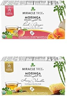 Miracle Tree - Organic Moringa Superfood Tea, 2 Pack Bundle, 2x25 Individually Sealed Tea Bags (Peach & Ginger, Honey & Va...
