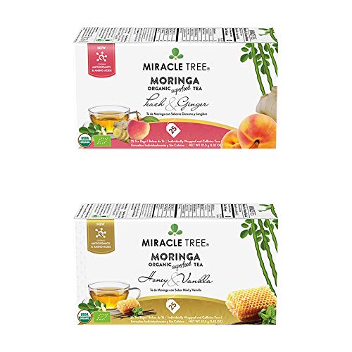 Miracle Tree – Organic Moringa Superfood Tea, 2 Pack Bundle, 2×25 Individually Sealed Tea Bags (Peach & Ginger, Honey & Vanilla)