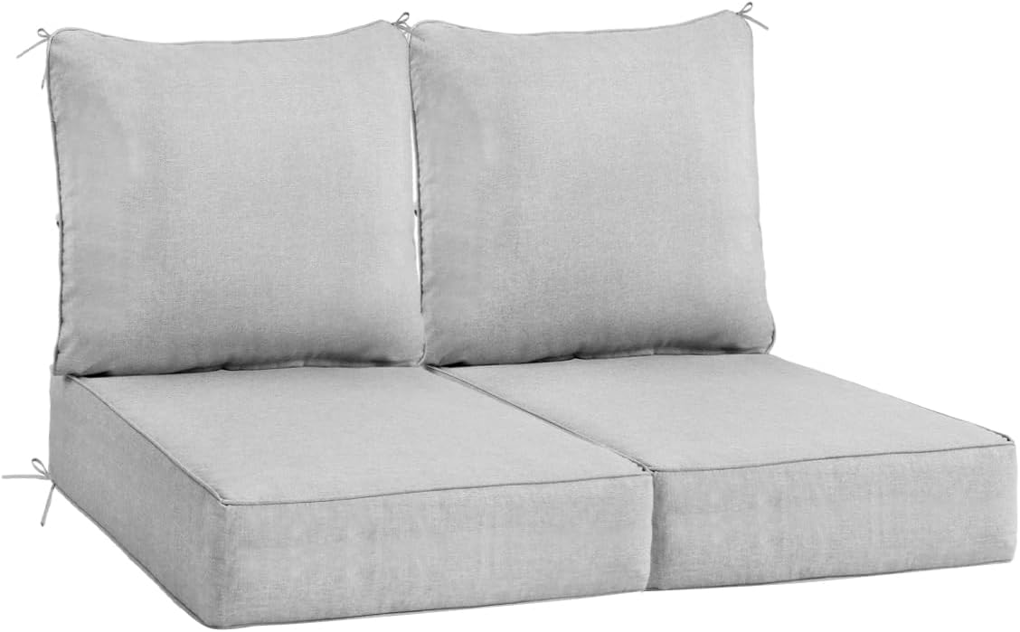 Sundale Outdoor Olefin Deep Seat Cushion Set of 2, Patio Chair Cushion and Pillow, Water-Resistant Sectional Sofa Pad with Straps Light Gray, 24 x 24 x 6 Inches (MISSING PARTS)