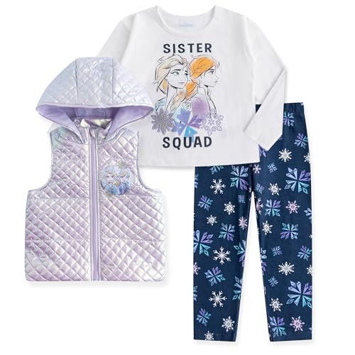 Disney Frozen - Conjunto de camisa de manga larga, pantalones y chaleco con capucha para niñas pequeñas y grandes, Púrpura/Blanco, 5