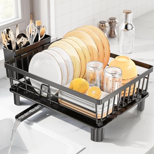 LIONONLY Dish Drainer Rack with Drip Tray,Space Saving Dish Rack,Stainless Steel Draining Board Rack with Utensil Holder,Detachable Dish Drying Rack for Kitchen,Kitchen Sink Drainer Rack