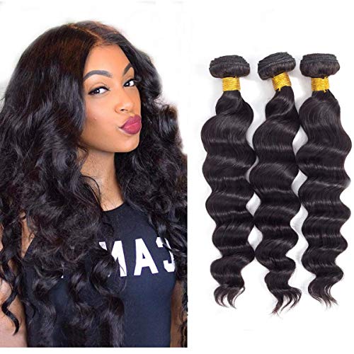 Brazilian Hair Loose Wave Bundles , Virgin Remy Hair Loose Deep Wave 3 Bundles Human Hair Bundles Weave Hair Human Bundles Natural Black (16 18 20)