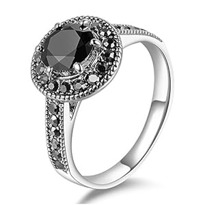 Vintage Wide Ring Classic Black Marcasite Crystal Rows Statement Silver Chunky Rings