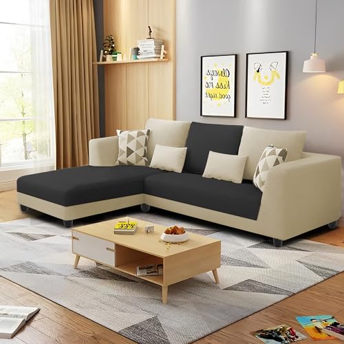 GRAPEWOOD Galib LHS 4 Seater L Shape Sofa Set for Living Room (Cream Black Fabric) Premium Fabric Sofa