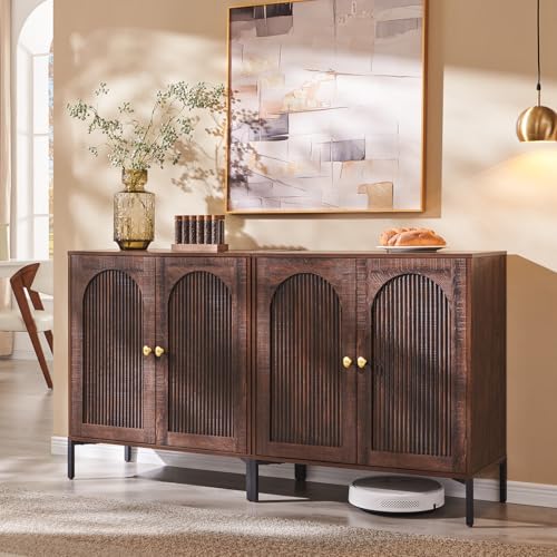 Image of IFGET Modern Buffet Cabinet with Storage, 61.75 inch W Fluted Arched Sideboard Cabinet w /Adjustable Shelves, Wooden Modular Coffee Bar for Dining Room, Kitchen, Living Room, Entryway, Brown