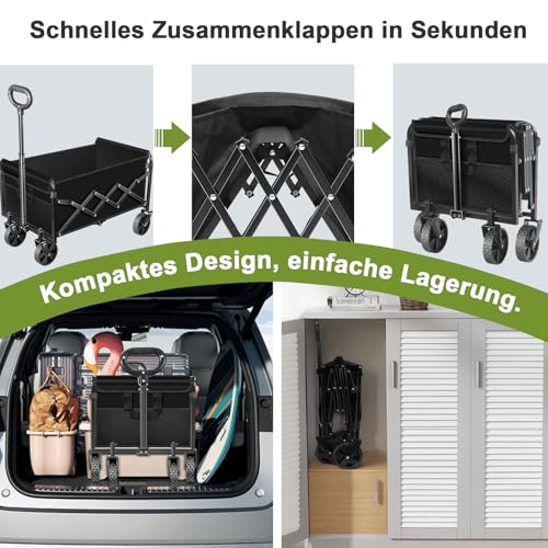 SURFOU Bollerwagen faltbar 100kg belastbar & 120L Volumen | Mit 360° All-Terrain Reifen | Robustes Stahlchassis & Wetterfeste Plane | Ideal für Camping, Strand und Festival (Schwarz)