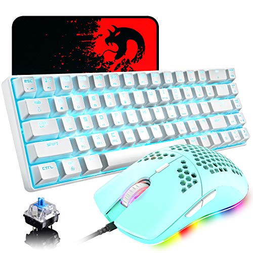 60% Mechanical Gaming Keyboard Blue Switch Mini 68 Keys Wired Type C Chroma RGB 18 Backlit Effects,Lightweight Gaming Mosue 6400DPI Honeycomb Optical,Gaming Mouse Pad for Gamers and Typists(Green)