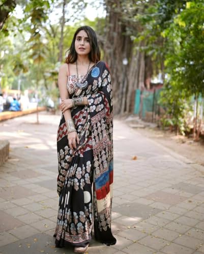 Image of SATIKA VASTRAM Modal Silk Ajrakh Saree Bandhani Design Crepe Printed Designer Pallu Attach Blouse Piece