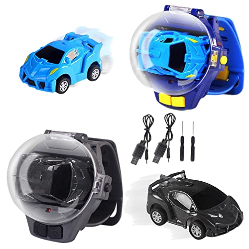 Mini Watch Remote Control Car Toys, 2.4 GHz Watch Racing Car Toy with USB Charging Cartoon RC Small Car Gift for Boys and Girls(Blue+Gray)