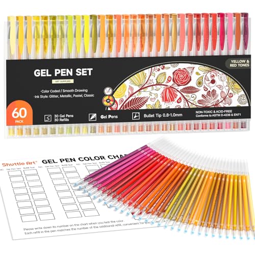 Shuttle Art 60 Pack Red Yellow Tone Gel Pens, 30 Red Orange Yellow Gel Pens with 30 Refills for Adults Coloring Books Journaling Drawing Nature, Landscapes, Animals Scenes