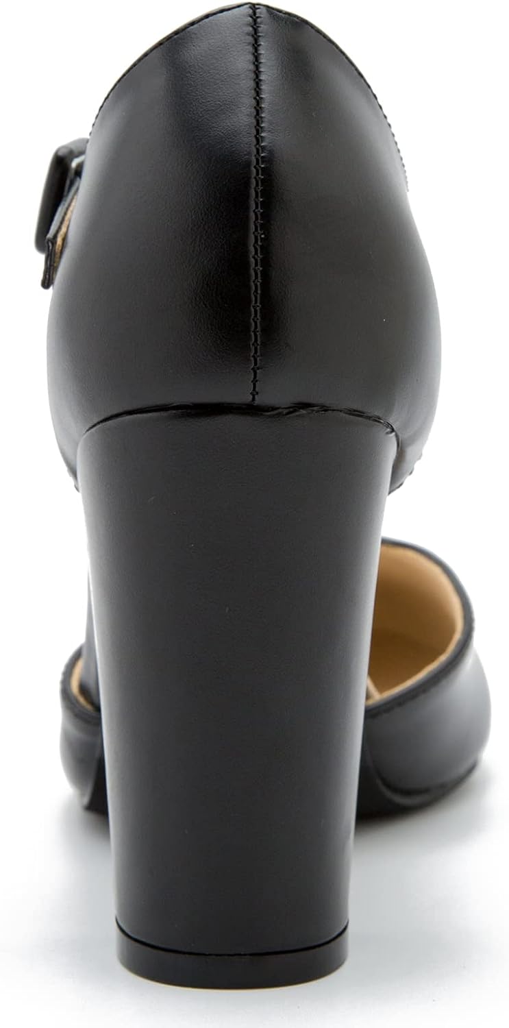 Women's T-Strap Mary Jane Pumps, Chunky Heel, Vintage Style, Cut Out, 3.54 Inch Round Toe Dress Shoes
