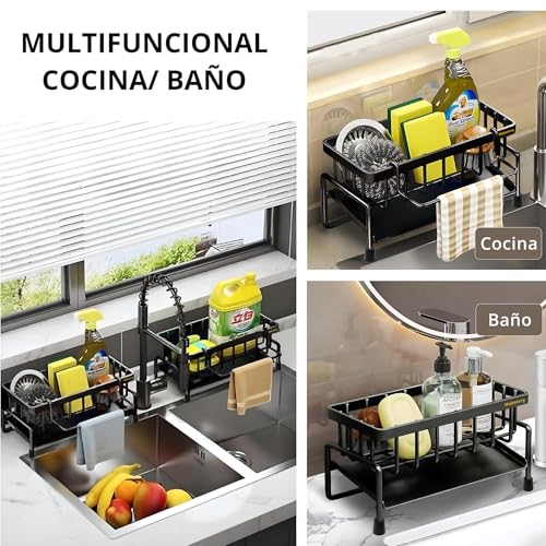 Miniatura 3 de Makenrry Organizador De Fregadero Cocina, Soporte Para Estropajo Y Esponja Con Bandeja De Drenaje, Para Almacenaje De Cocina Y Baño, Con Ventosas Negro