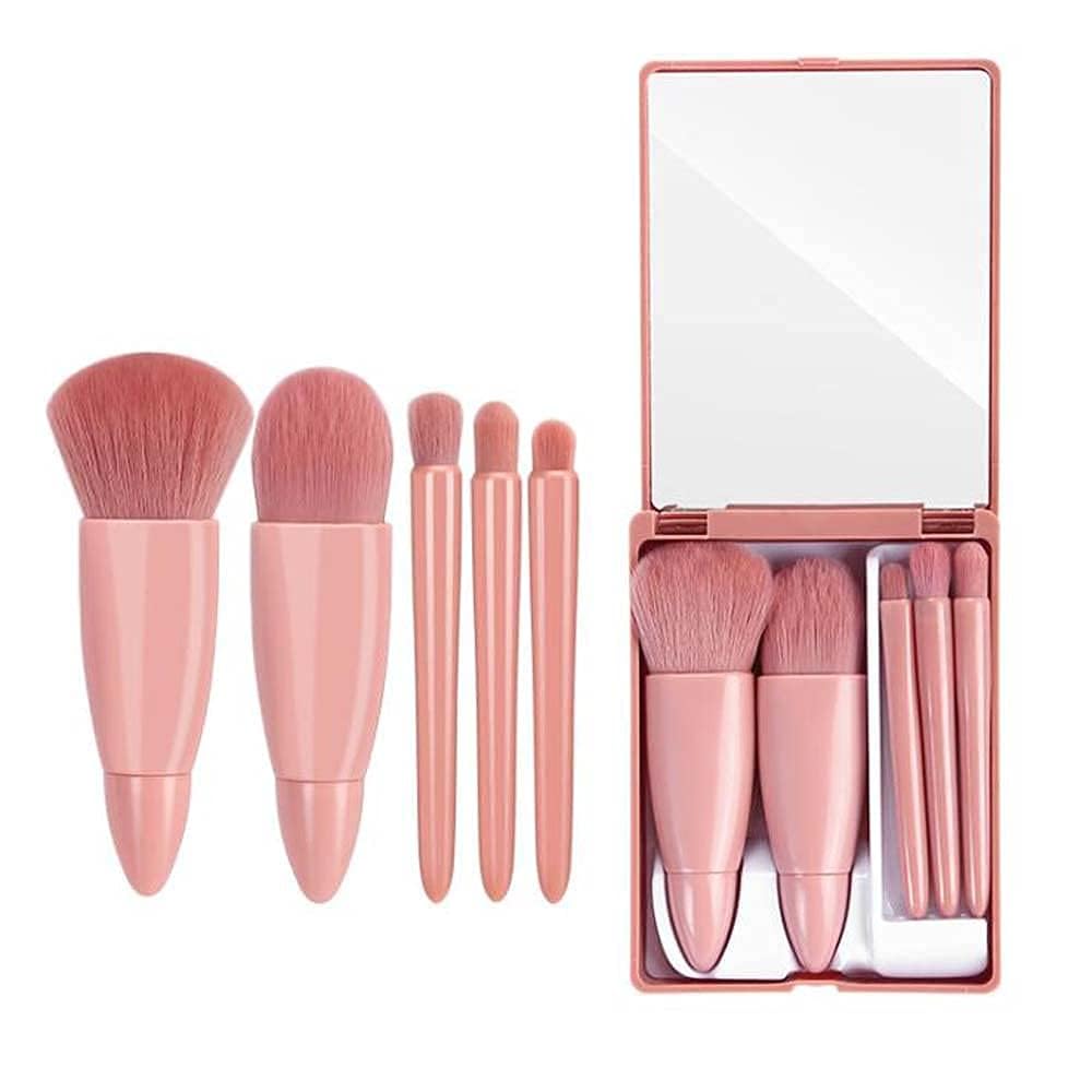 Orbica Travel-Friendly Makeup Brush Set of 5 with Compact Mirror, Portable Cosmetic Brushes Kit for Eyes, Face, Lips, Blending β Ideal for Travel and Daily Use