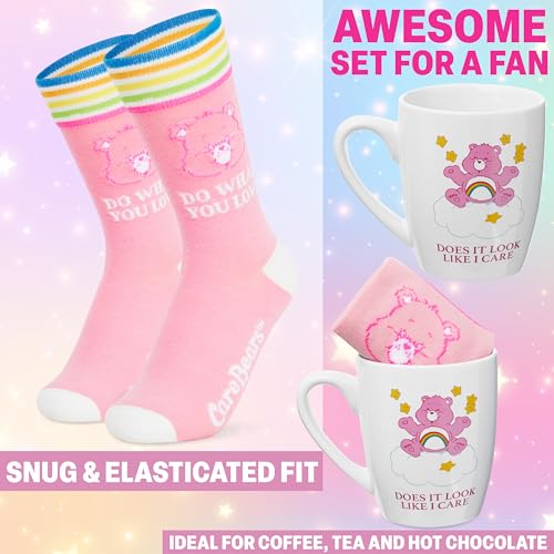 Image of Get Trend Care Bears 11oz Mug and Socks Set, Crew Socks Ceramic Coffee Mug Microwave Safe, Novelty Gifts for Women, Wife, Girlfriend (White /Pink Care Bears)