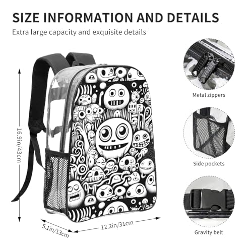 Retro Abstract Print Work Travel Stadium Events Transparent Backpack PVC Clear Bag Large Side Pockets4