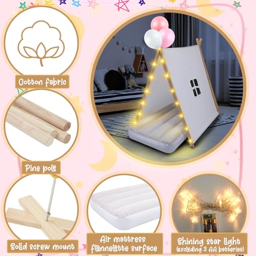 Windyun 6 Sets Kids Teepee Tent with Lights, Inflatable Airbed Teepee Tent for Kids Cotton Toddler Tent Kids Play Tent Washable Foldable Tent for Indoor Outdoor Boys and Girls Play Tent