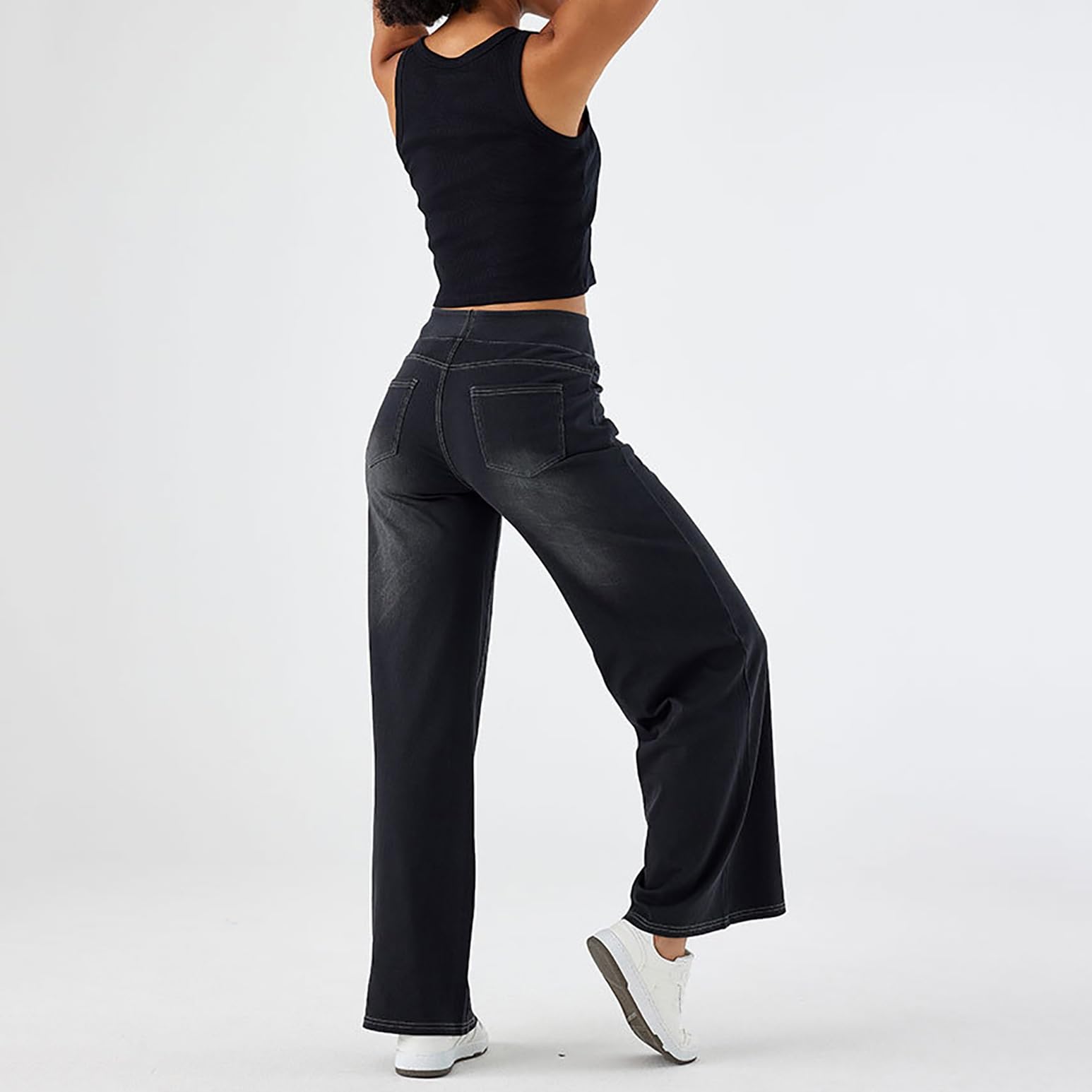 Damskie Jeansy Baggy z Wysokim Stanem Luźne Proste Szerokie Nogawki Jeansy Elastyczne Miękkie Typu Wciągane Jeansy Typu Boyfriend Swobodne Spodnie Jeansowe z Kieszeniami Jednolity Kolor