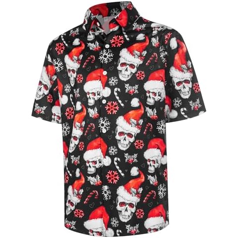 FT FENTENG Men's Hawaiian Shirt for Men Wrinkle Free Casual Printed Beach Shirt, Christmas Skull Men's Casual Button Down Shirts Regular Fit Short Sleeve Summer Shirts for Mens, L Cover