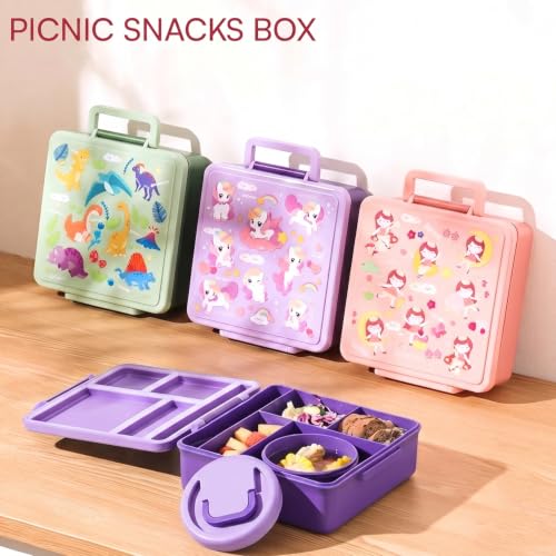 Image of House of Quirk 'NomNom' Unicorn Print Bento Lunch Box, 1800ml with 300ml Removable Bowl, Microwave Safe Lunch Box with Spoon, Fork & Knife for Kids, School, Office, Picnic & Travel (Purple)